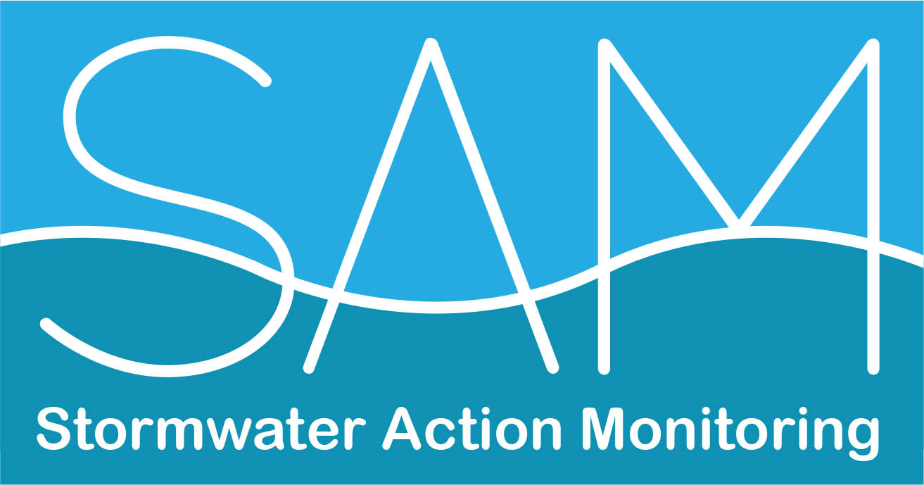 blue and white SAM stormwater action monitoring logo