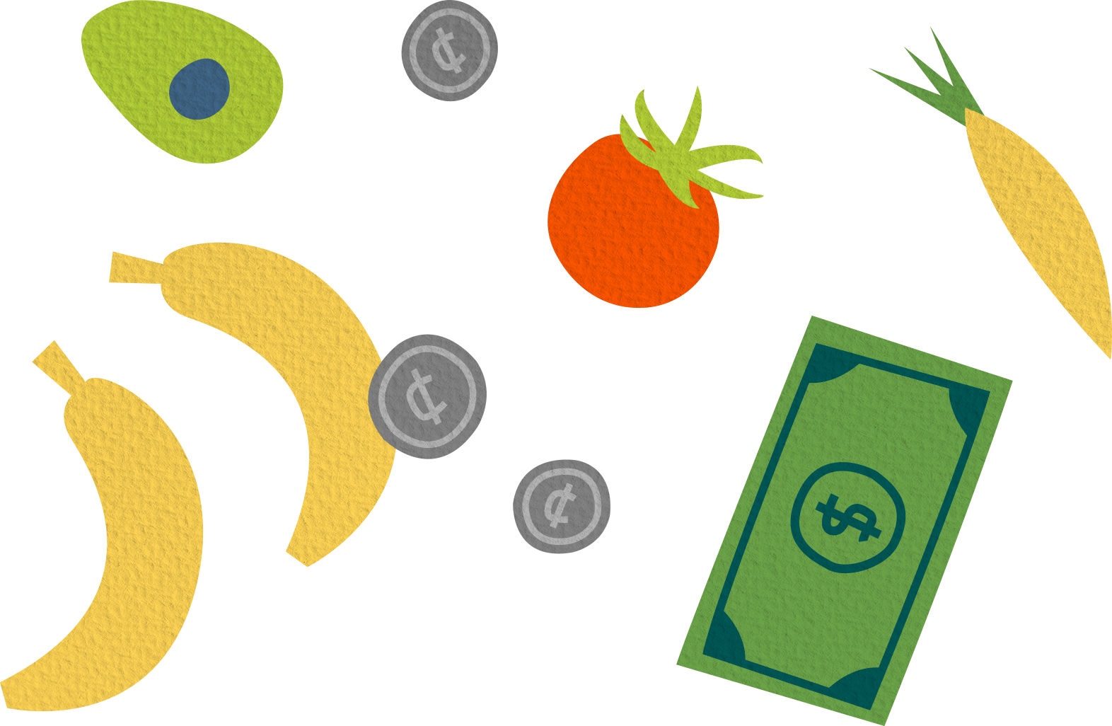 Produce and money falling into a garbage can.