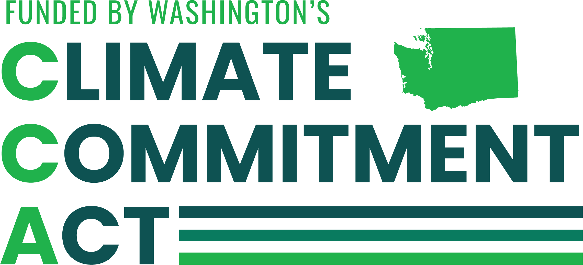 A graphic which reads "Funded by Washington's Climate Commitment Act" alongside an outline of the state of Washington.